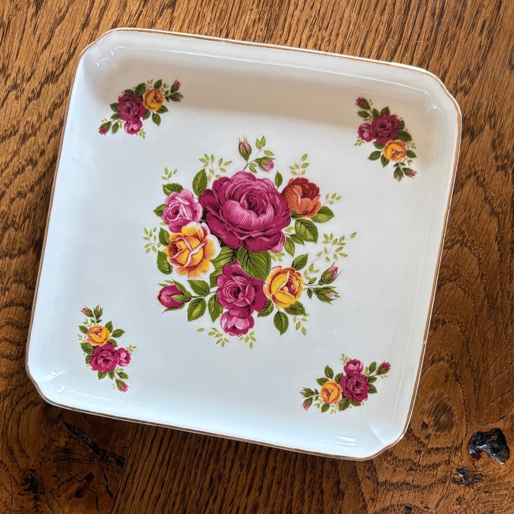 Sheltonian China Old Roses Floral Square Plate - Pink and Yellow 7”